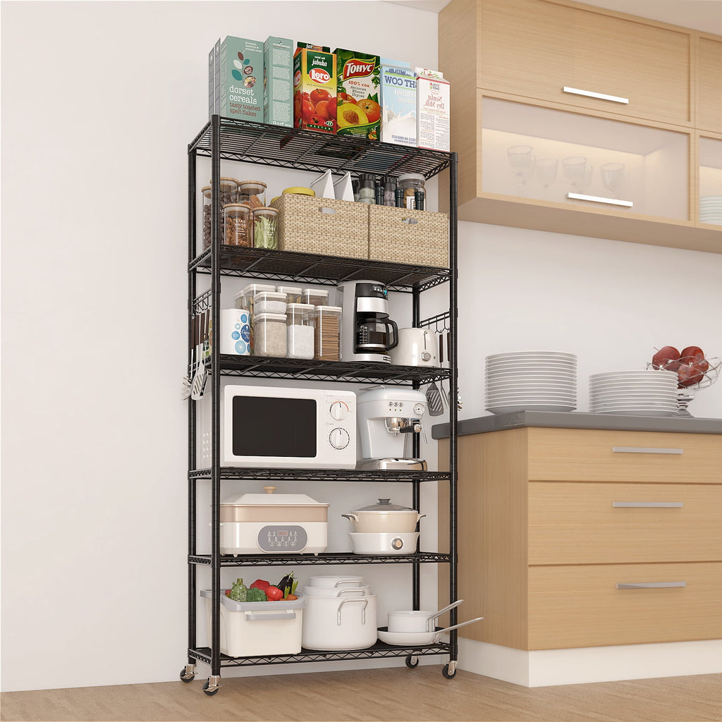 6-Tier Heavy-Duty Adjustable Storage Shelf with Wheels &amp; Leveling Feet, 200lbs/Layer Capacity, Black Iron Frame, 35.4"x15.7"x72.8" for Home/Commercial Use
