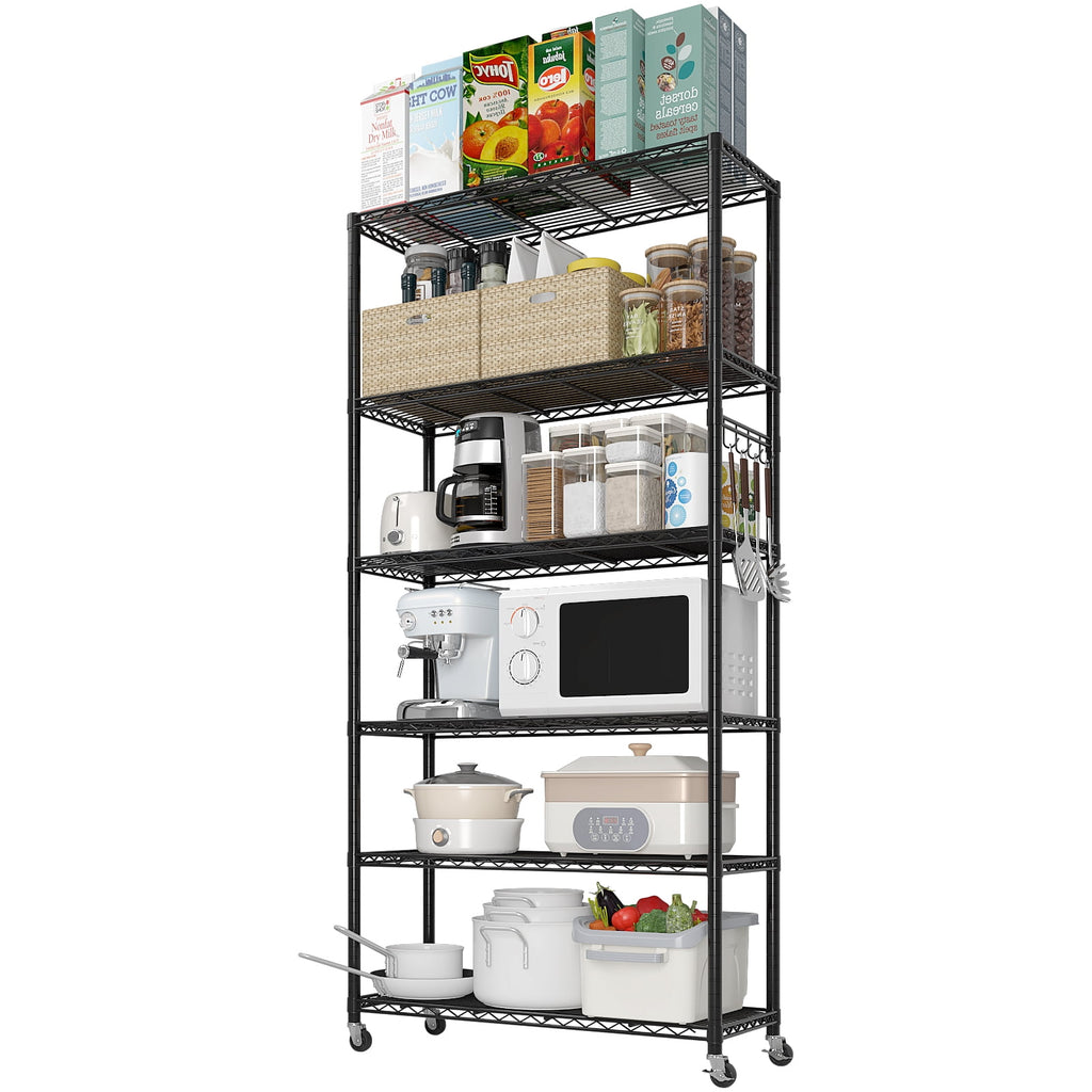 6-Tier Heavy-Duty Adjustable Storage Shelf with Wheels &amp; Leveling Feet, 200lbs/Layer Capacity, Black Iron Frame, 35.4"x15.7"x72.8" for Home/Commercial Use