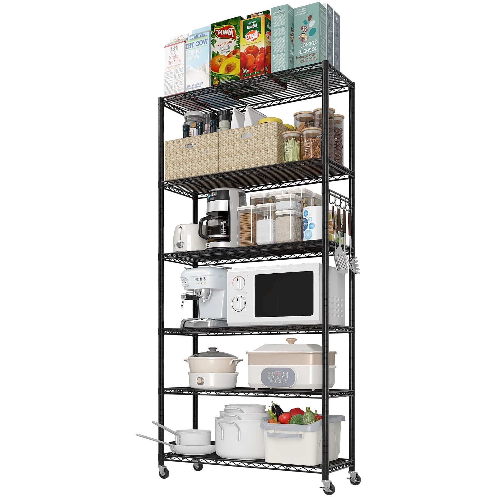 6-Tier Heavy-Duty Adjustable Storage Shelf with Wheels &amp; Leveling Feet, 200lbs/Layer Capacity, Black Iron Frame, 35.4"x15.7"x72.8" for Home/Commercial Use