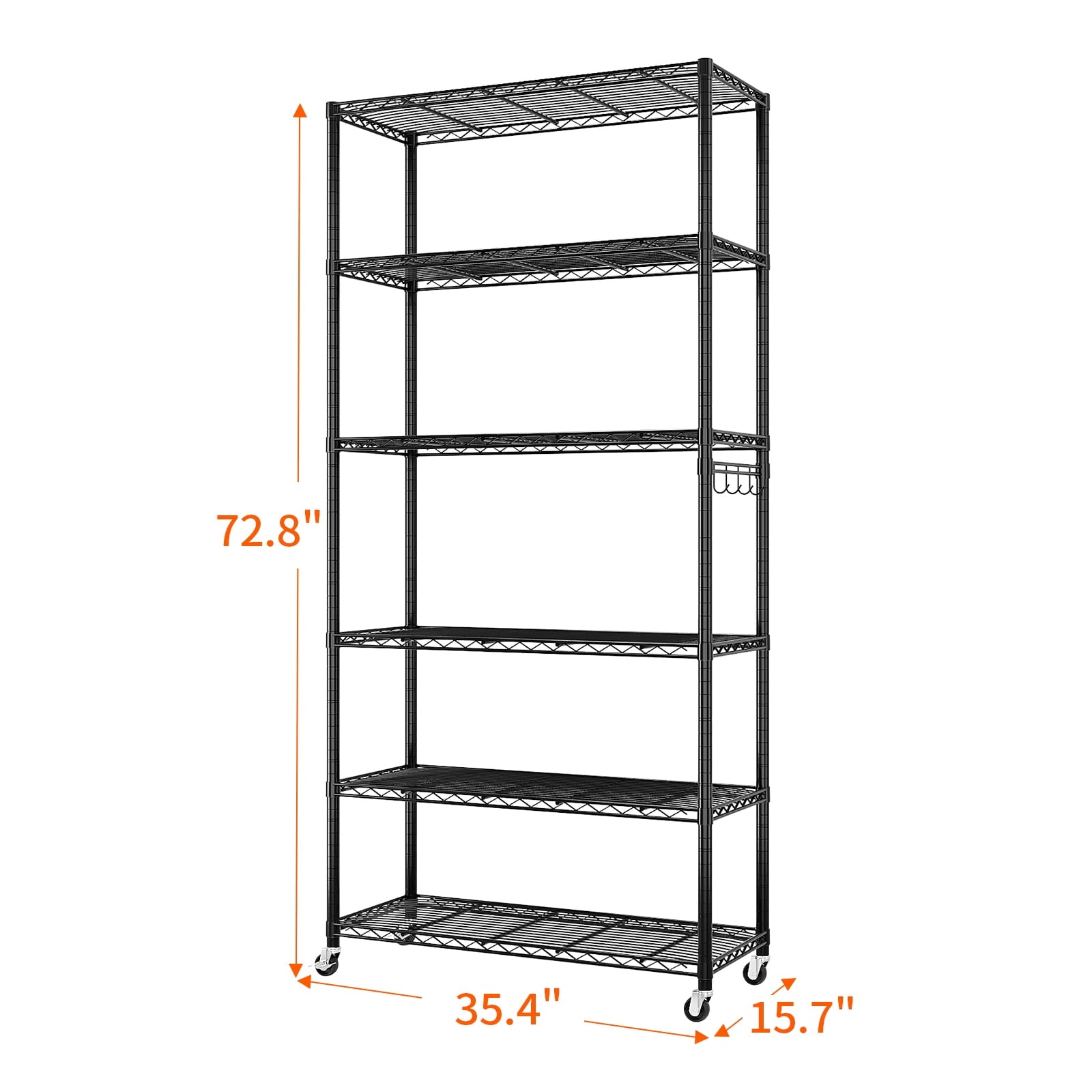 6-Tier Heavy-Duty Adjustable Storage Shelf with Wheels &amp; Leveling Feet, 200lbs/Layer Capacity, Black Iron Frame, 35.4"x15.7"x72.8" for Home/Commercial Use