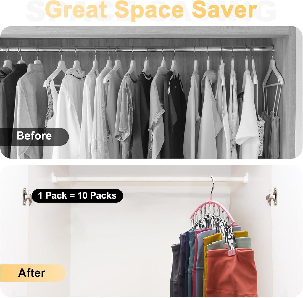 Metal Yoga Pants Pink Hangers 1 Pack w/10 Clips Holds 10 Leggings, Space Saving Hanging Closet Organizer w/Rubber Coated Closet Organizers and Storage