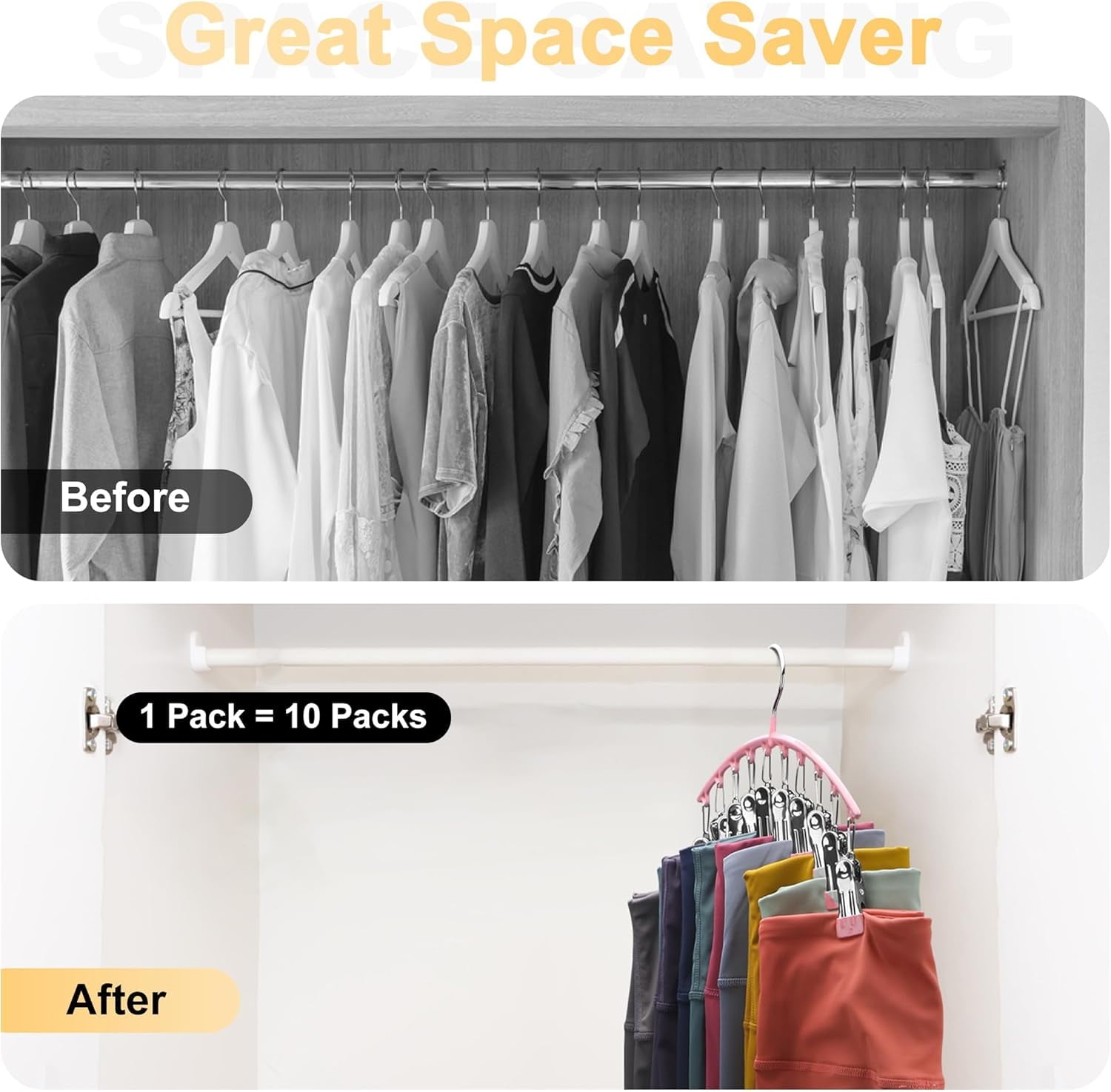 Metal Yoga Pants Pink Hangers 1 Pack w/10 Clips Holds 10 Leggings, Space Saving Hanging Closet Organizer w/Rubber Coated Closet Organizers and Storage