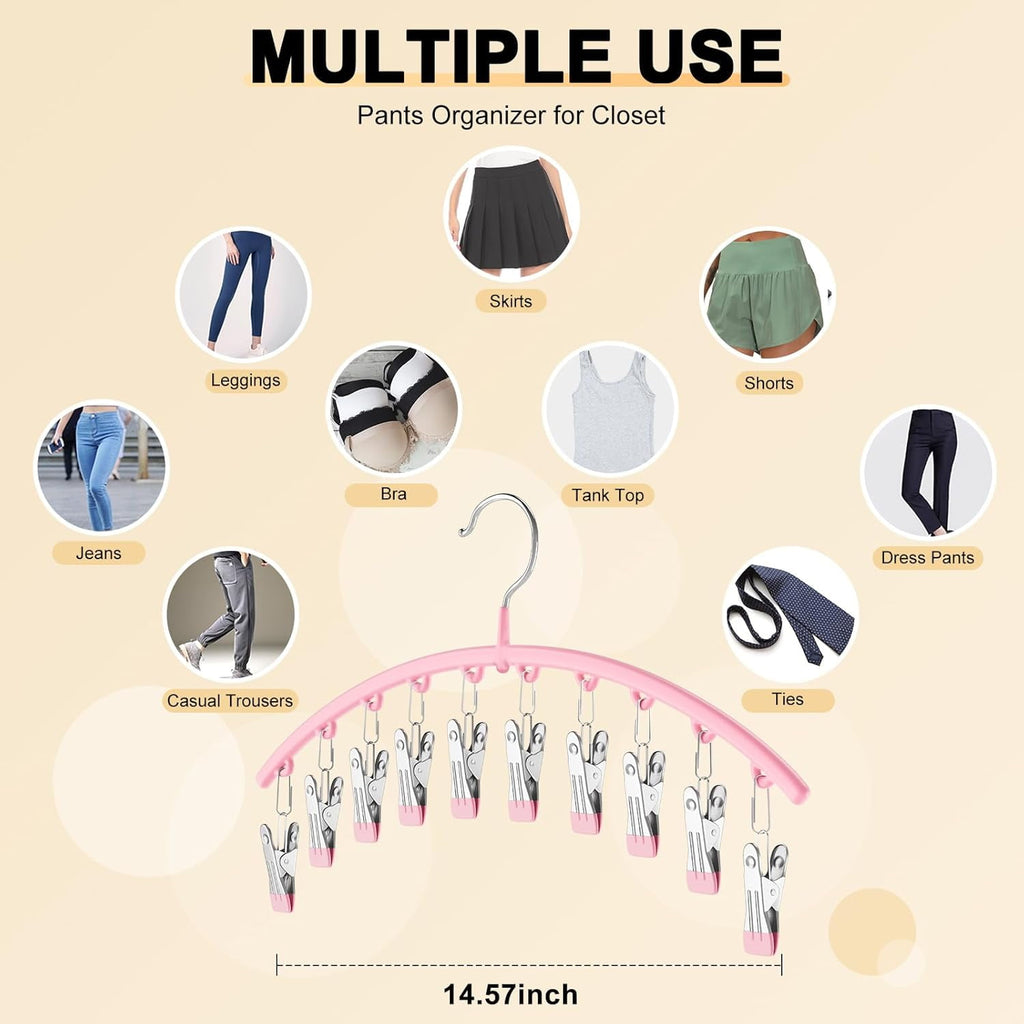 Metal Yoga Pants Pink Hangers 1 Pack w/10 Clips Holds 10 Leggings, Space Saving Hanging Closet Organizer w/Rubber Coated Closet Organizers and Storage
