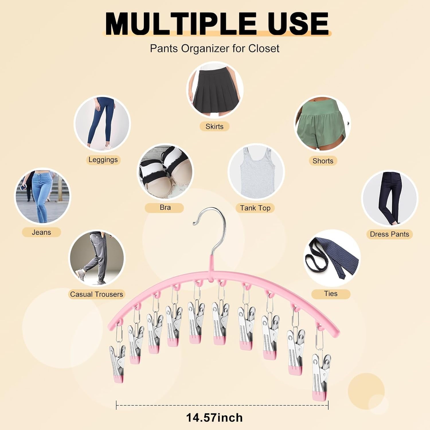 Metal Yoga Pants Pink Hangers 1 Pack w/10 Clips Holds 10 Leggings, Space Saving Hanging Closet Organizer w/Rubber Coated Closet Organizers and Storage