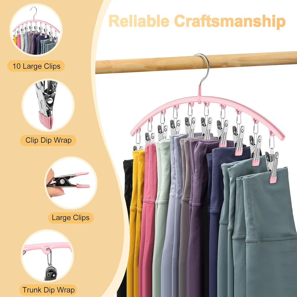 Metal Yoga Pants Pink Hangers 1 Pack w/10 Clips Holds 10 Leggings, Space Saving Hanging Closet Organizer w/Rubber Coated Closet Organizers and Storage