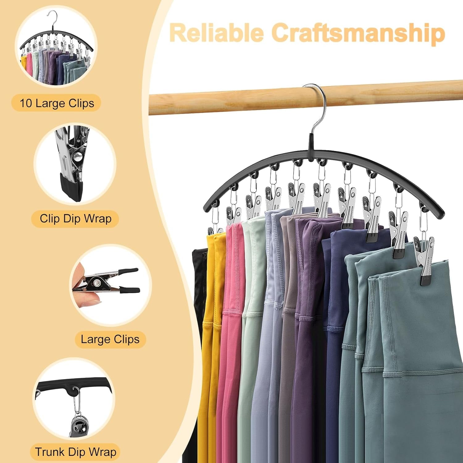Metal Yoga Pants Pink Hangers 1 Pack w/10 Clips Holds 10 Leggings, Space Saving Hanging Closet Organizer w/Rubber Coated Closet Organizers and Storage