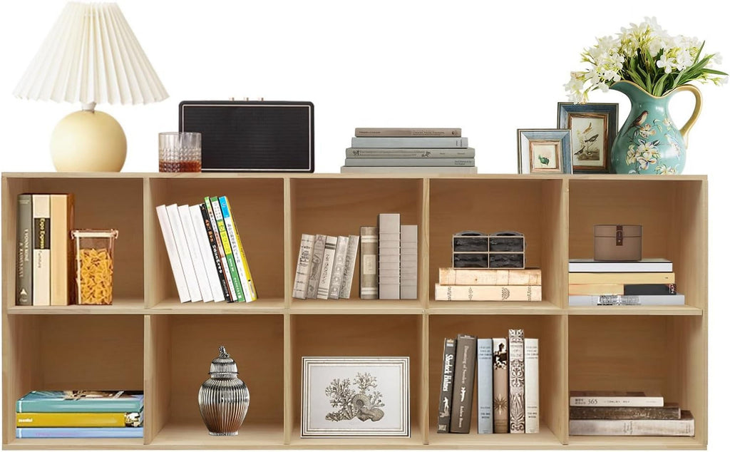 10 Compartments Floor-Mounted Wooden Cube Shelf Bookcase Wood Color Solid Wood Shelves Living Rooms Bedrooms Kitchens