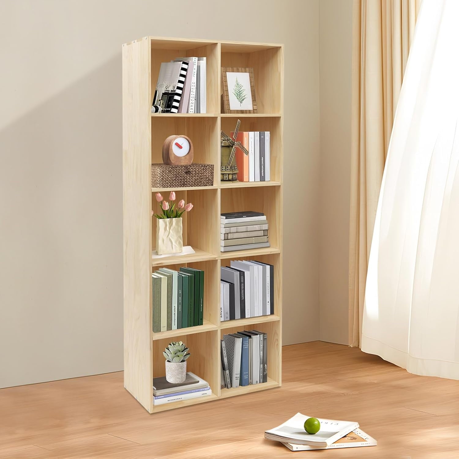 10 Compartments Floor-Mounted Wooden Cube Shelf Bookcase Wood Color Solid Wood Shelves Living Rooms Bedrooms Kitchens