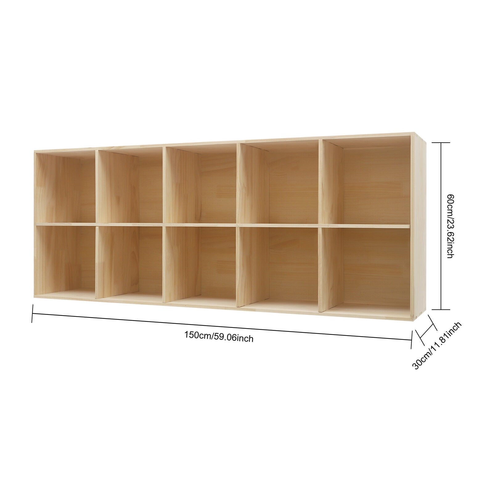 10 Compartments Floor-Mounted Wooden Cube Shelf Bookcase Wood Color Solid Wood Shelves Living Rooms Bedrooms Kitchens