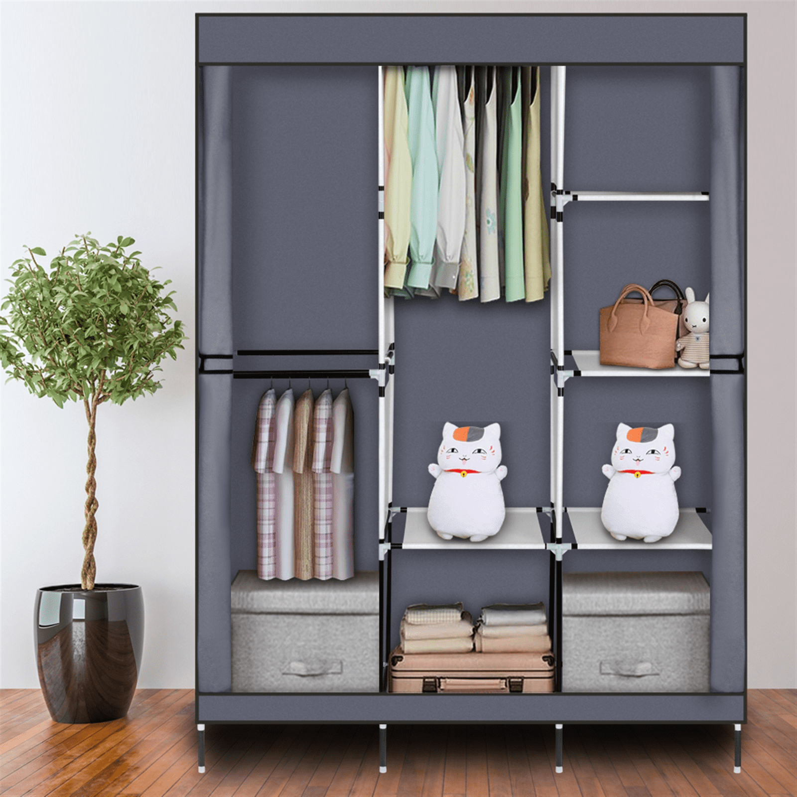 71" Portable Closet Wardrobe with Shelves - Gray Freestanding Storage Organizer, No-Tool Assembly, Dustproof Cover for Bedroom/Closet