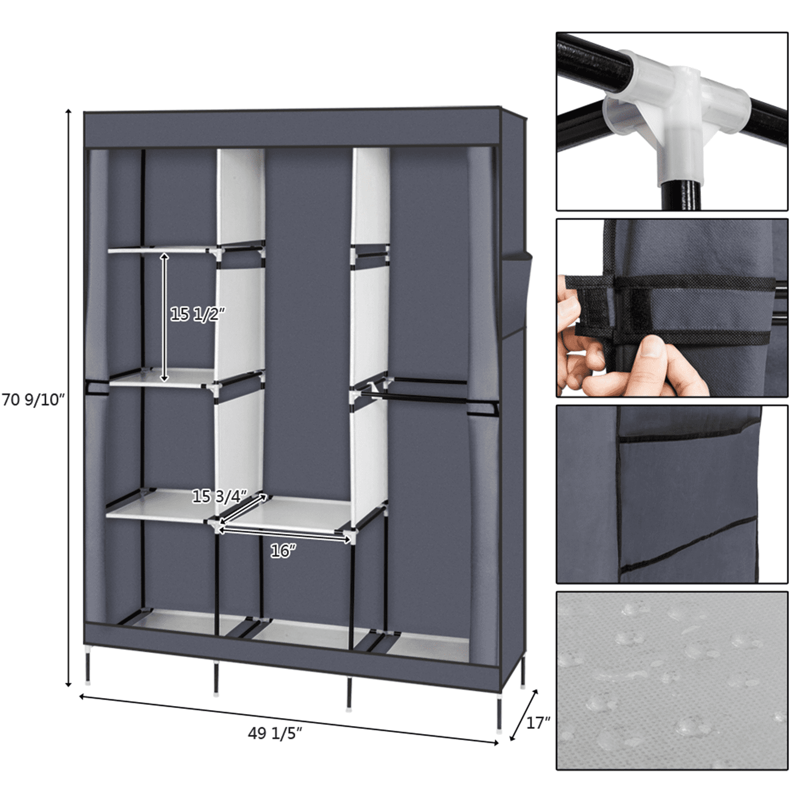 71" Portable Closet Wardrobe with Shelves - Gray Freestanding Storage Organizer, No-Tool Assembly, Dustproof Cover for Bedroom/Closet