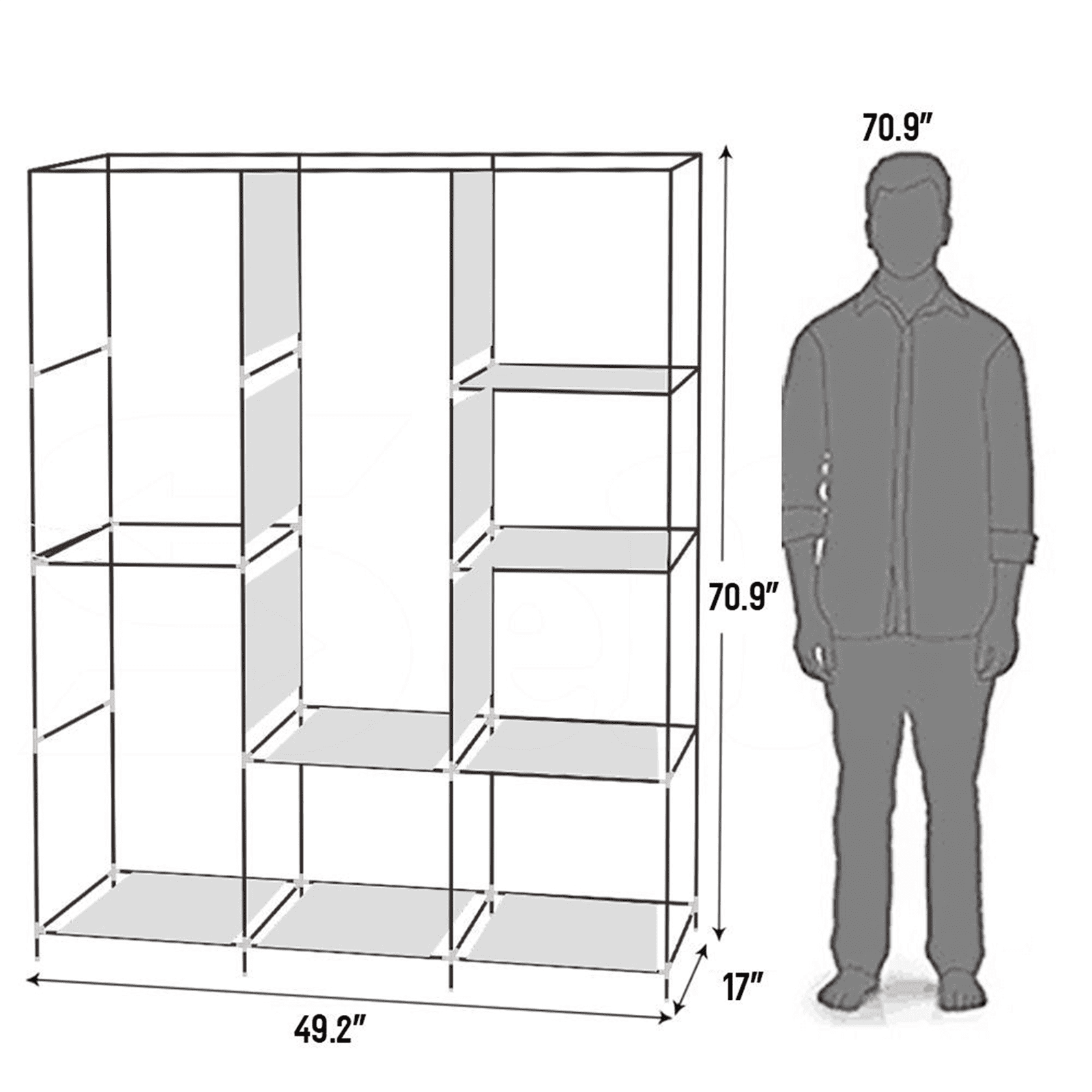 71" Portable Closet Wardrobe with Shelves - Gray Freestanding Storage Organizer, No-Tool Assembly, Dustproof Cover for Bedroom/Closet