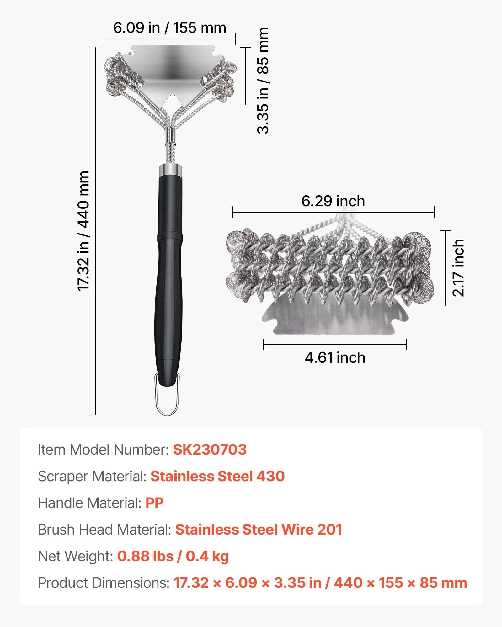 Stainless Steel Grill Brush and Scraper, Bristle-Free BBQ Cleaner, 17 Inch Heavy Duty Grill Cleaning Tool