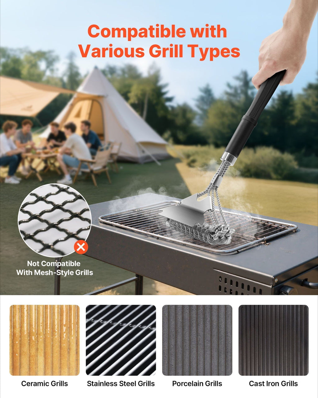 Stainless Steel Grill Brush and Scraper, Bristle-Free BBQ Cleaner, 17 Inch Heavy Duty Grill Cleaning Tool