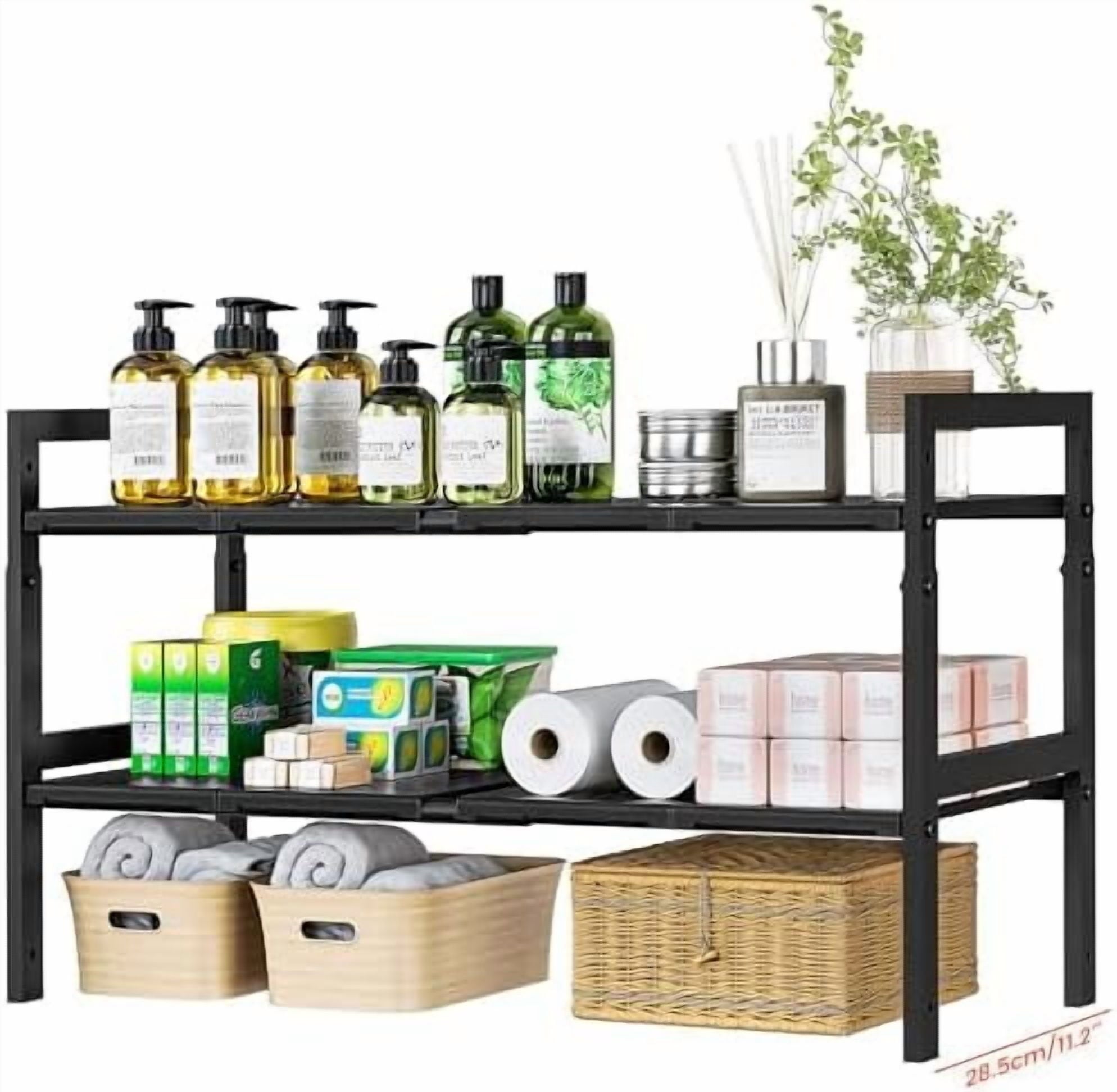Under Sink Organizer and Storage 16.5"-30.7" Expandable Length, Adjustable Height Max16.73" Under Sink Shelf 2 Tier with Removable ABS Panels Metal Frame for Bathroom Kitchen Pantry Cabitnet Pot Pan