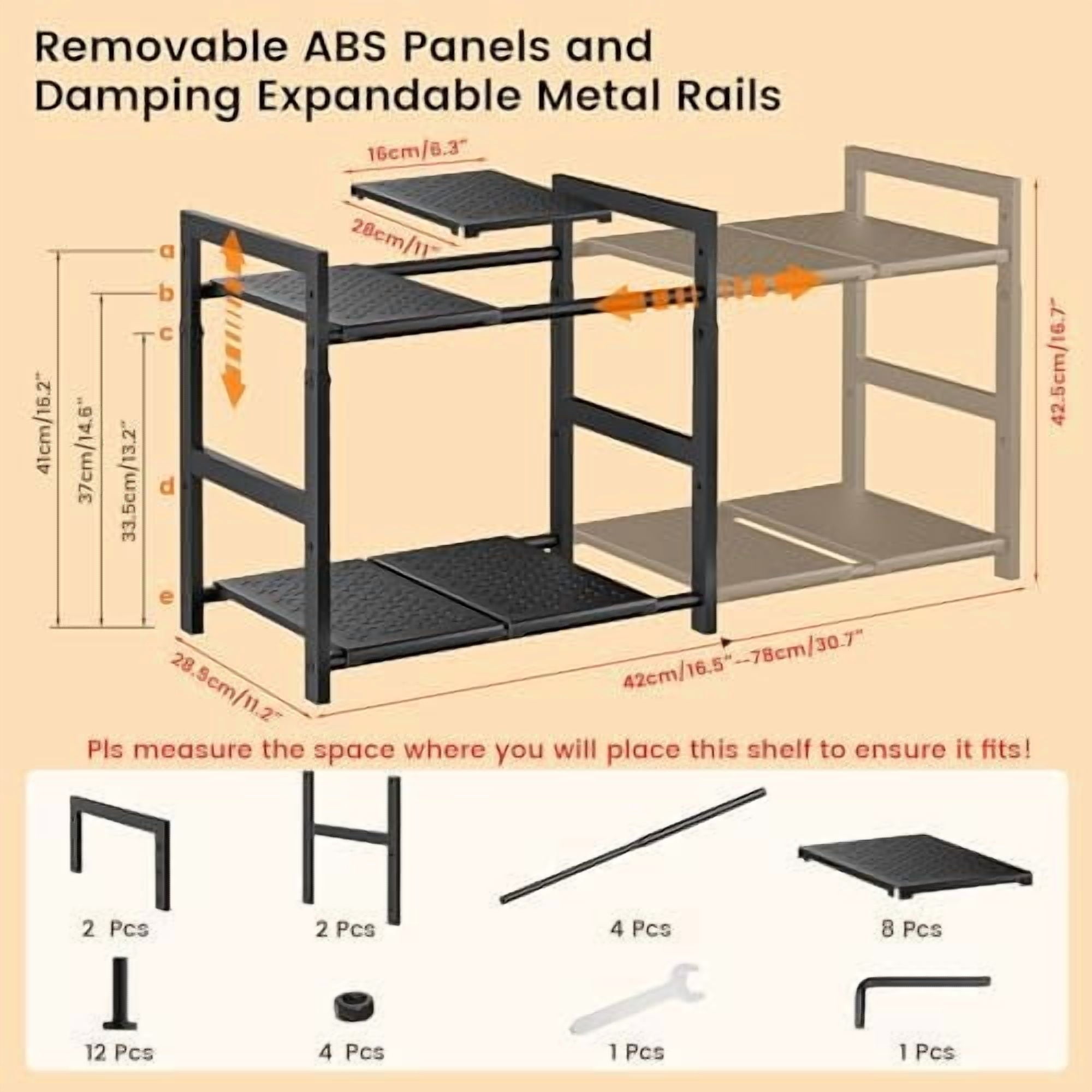 Under Sink Organizer and Storage 16.5"-30.7" Expandable Length, Adjustable Height Max16.73" Under Sink Shelf 2 Tier with Removable ABS Panels Metal Frame for Bathroom Kitchen Pantry Cabitnet Pot Pan