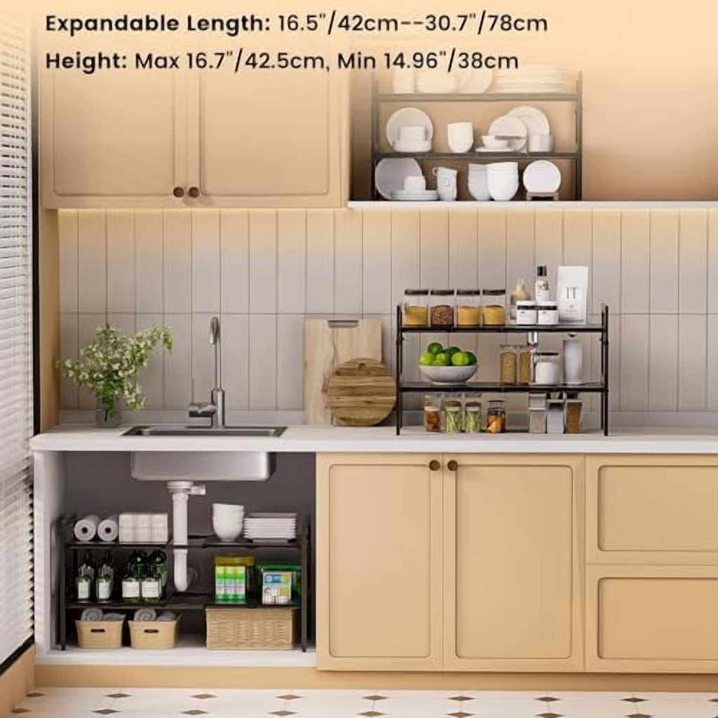 Under Sink Organizer and Storage 16.5"-30.7" Expandable Length, Adjustable Height Max16.73" Under Sink Shelf 2 Tier with Removable ABS Panels Metal Frame for Bathroom Kitchen Pantry Cabitnet Pot Pan