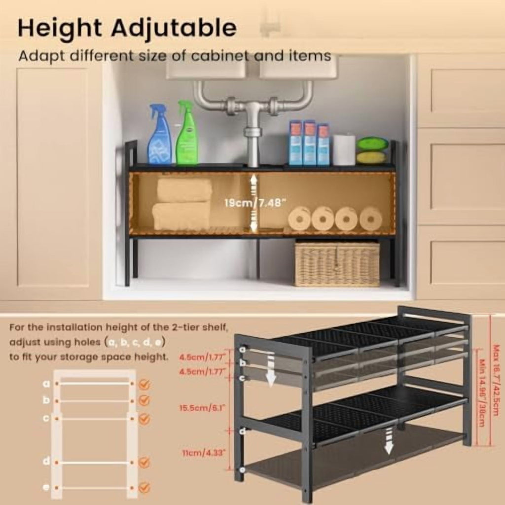 Under Sink Organizer and Storage 16.5"-30.7" Expandable Length, Adjustable Height Max16.73" Under Sink Shelf 2 Tier with Removable ABS Panels Metal Frame for Bathroom Kitchen Pantry Cabitnet Pot Pan