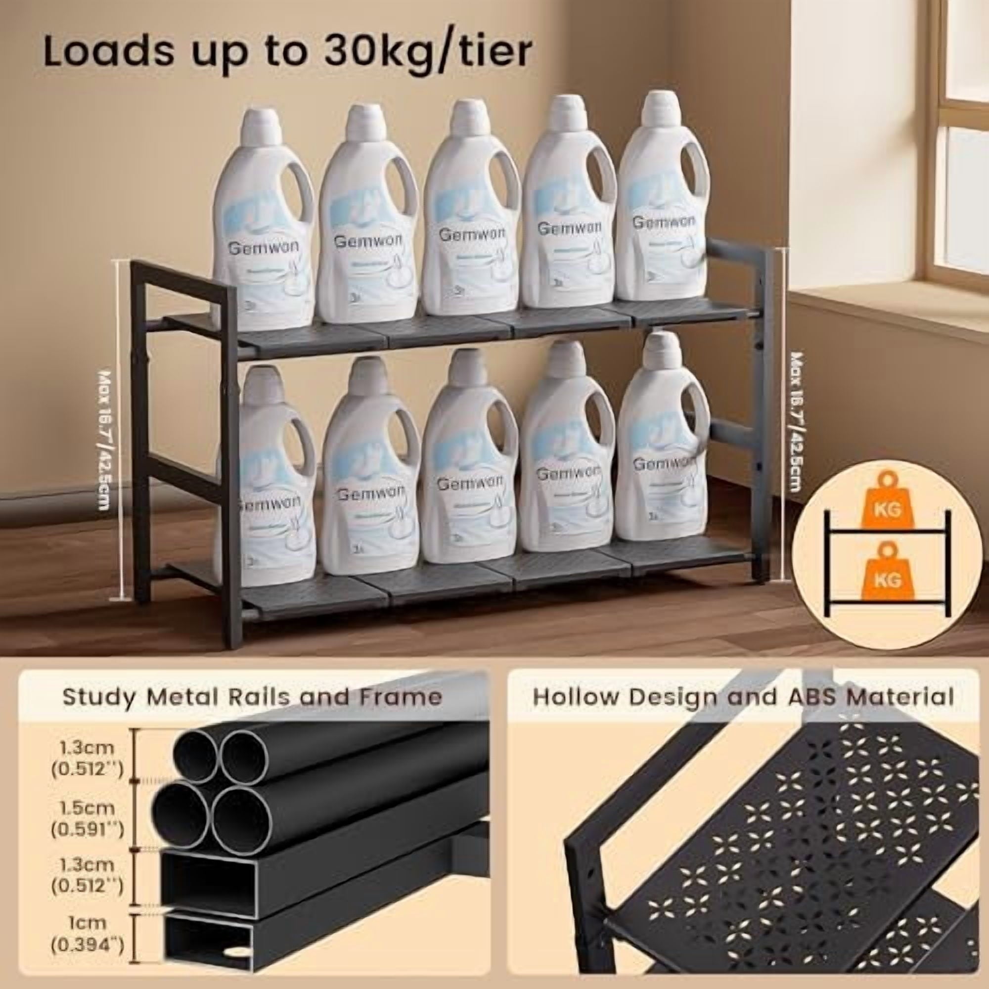 Under Sink Organizer and Storage 16.5"-30.7" Expandable Length, Adjustable Height Max16.73" Under Sink Shelf 2 Tier with Removable ABS Panels Metal Frame for Bathroom Kitchen Pantry Cabitnet Pot Pan
