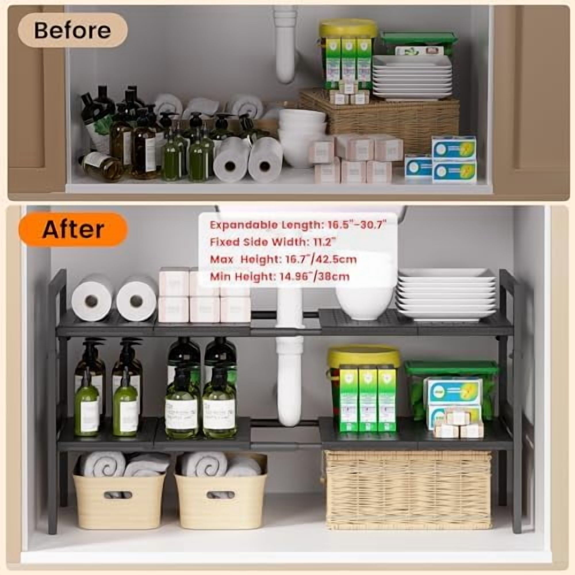 Under Sink Organizer and Storage 16.5"-30.7" Expandable Length, Adjustable Height Max16.73" Under Sink Shelf 2 Tier with Removable ABS Panels Metal Frame for Bathroom Kitchen Pantry Cabitnet Pot Pan