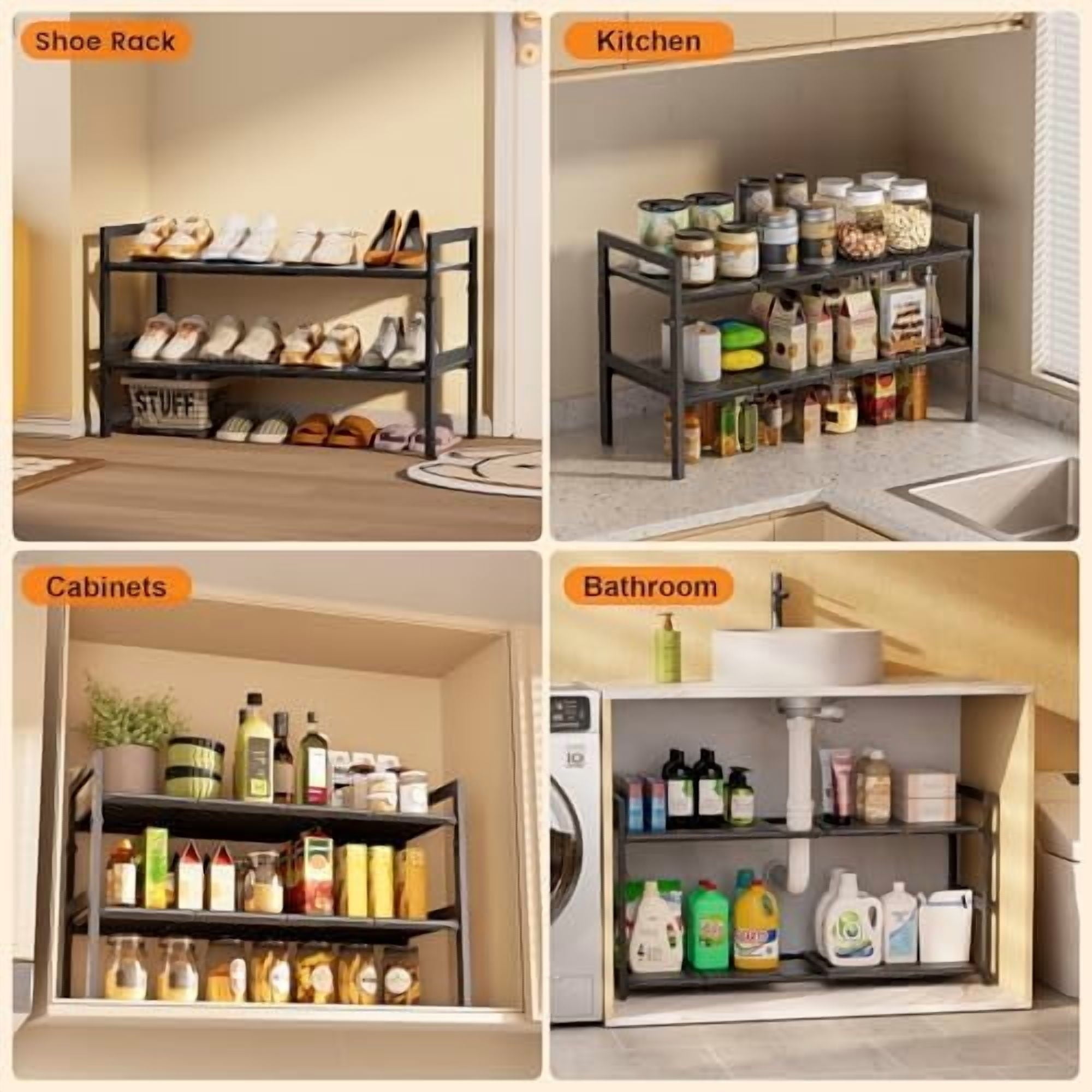 Under Sink Organizer and Storage 16.5"-30.7" Expandable Length, Adjustable Height Max16.73" Under Sink Shelf 2 Tier with Removable ABS Panels Metal Frame for Bathroom Kitchen Pantry Cabitnet Pot Pan
