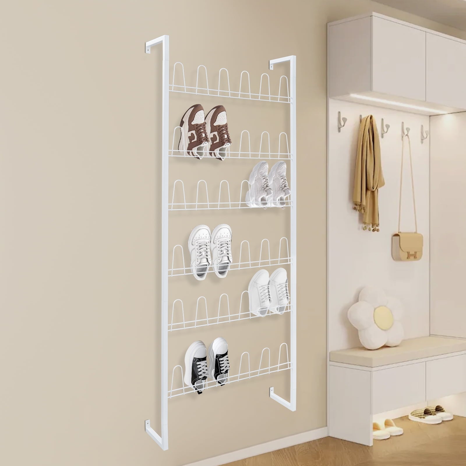 6 Tiers Metal Shoe Organizer, Wall Mounted Shoe Rack, Metal Hanging Shoe Rack White