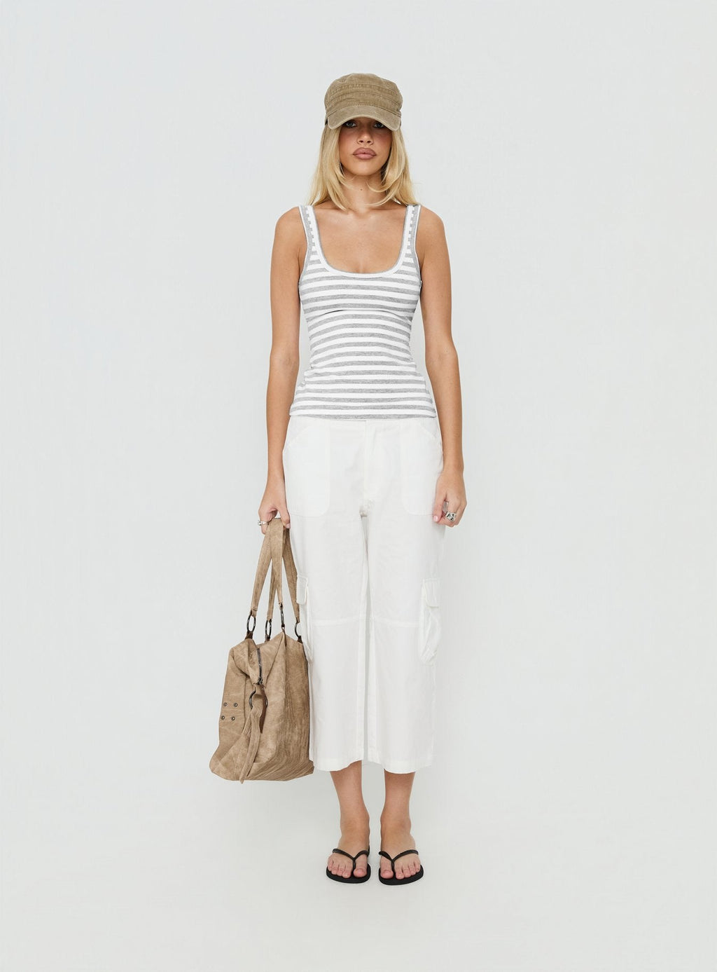 Keep It Light Low Back Tank Top White / Grey Stripe