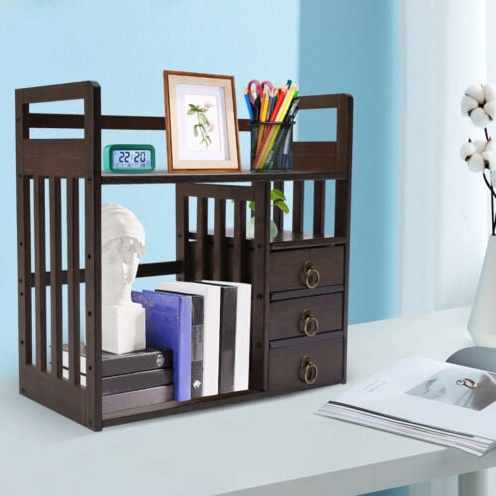 Bamboo Bookshelf Desktop Organizer Desk Rack Storage Shelves W/3 Drawers Office