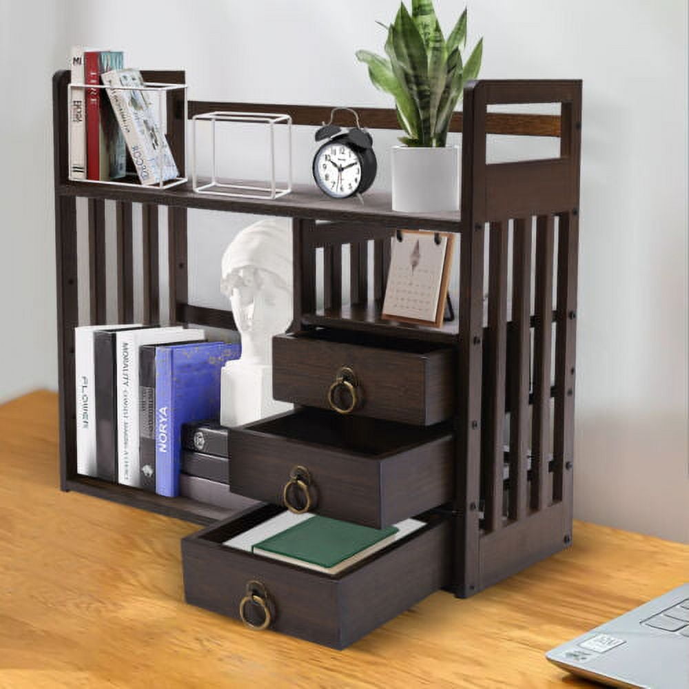 Bamboo Bookshelf Desktop Organizer Desk Rack Storage Shelves W/3 Drawers Office