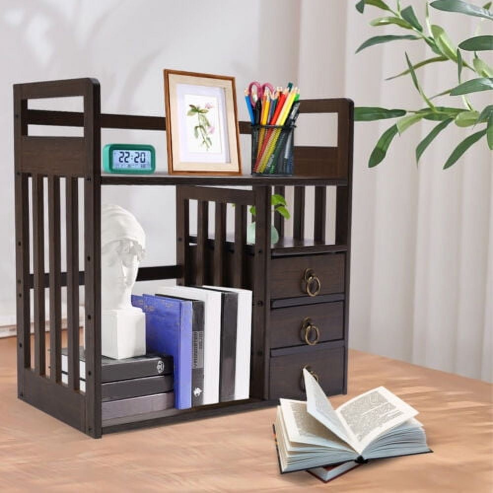 Bamboo Bookshelf Desktop Organizer Desk Rack Storage Shelves W/3 Drawers Office