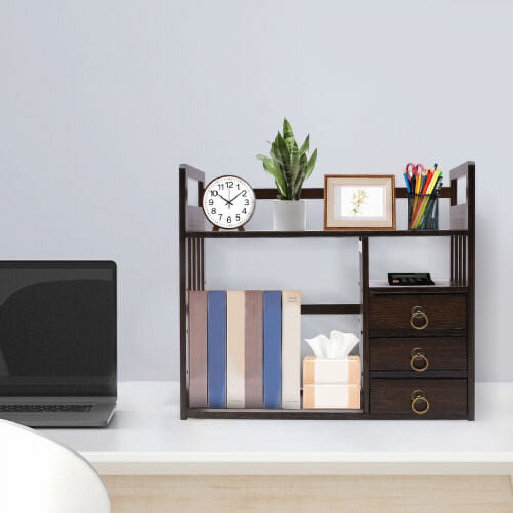 Bamboo Bookshelf Desktop Organizer Desk Rack Storage Shelves W/3 Drawers Office
