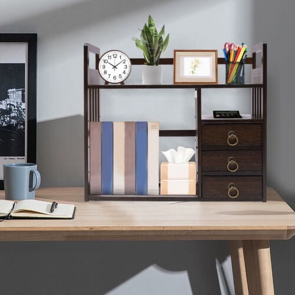 Bamboo Bookshelf Desktop Organizer Desk Rack Storage Shelves W/3 Drawers Office