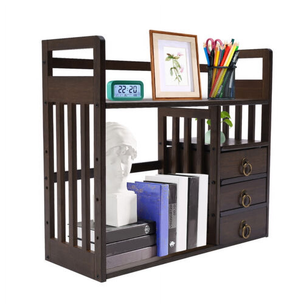 Bamboo Bookshelf Desktop Organizer Desk Rack Storage Shelves W/3 Drawers Office