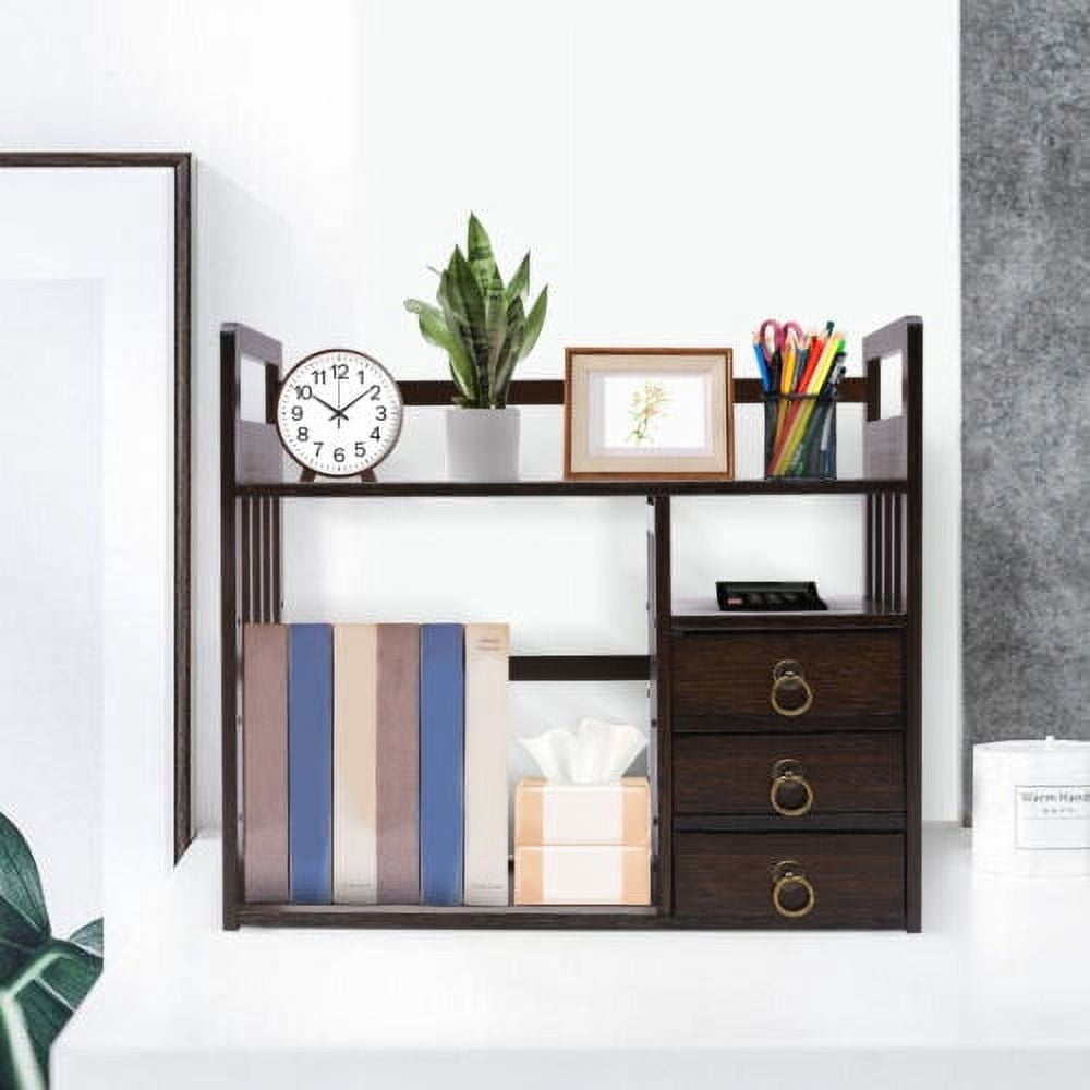 Bamboo Bookshelf Desktop Organizer Desk Rack Storage Shelves W/3 Drawers Office