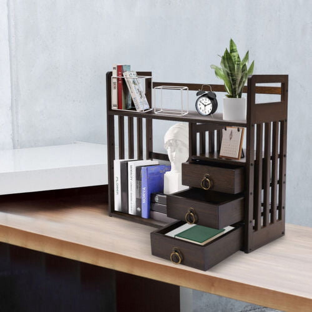 Bamboo Bookshelf Desktop Organizer Desk Rack Storage Shelves W/3 Drawers Office