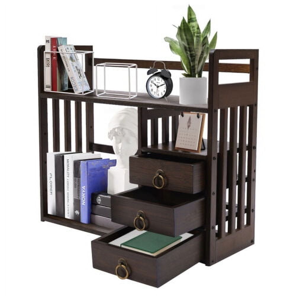 Bamboo Bookshelf Desktop Organizer Desk Rack Storage Shelves W/3 Drawers Office