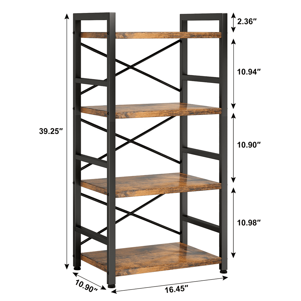 4 Tier Small Bookcase, Organizers and Storage, Metal Small Bookcase, Rustic Book Shelf Organization and Storage for Living Room, Bedroom, and Home Office(Rustic Brown)