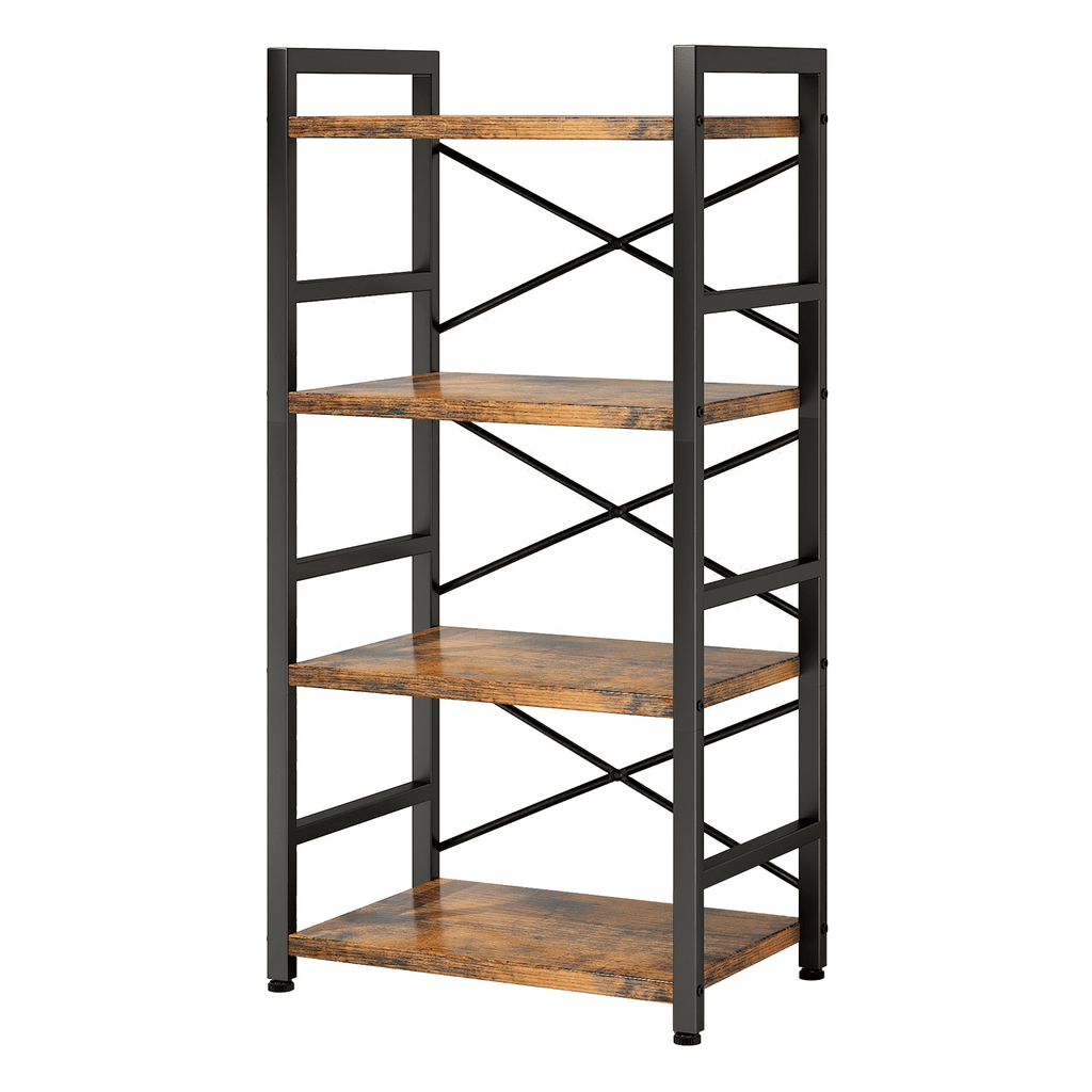 4 Tier Small Bookcase, Organizers and Storage, Metal Small Bookcase, Rustic Book Shelf Organization and Storage for Living Room, Bedroom, and Home Office(Rustic Brown)