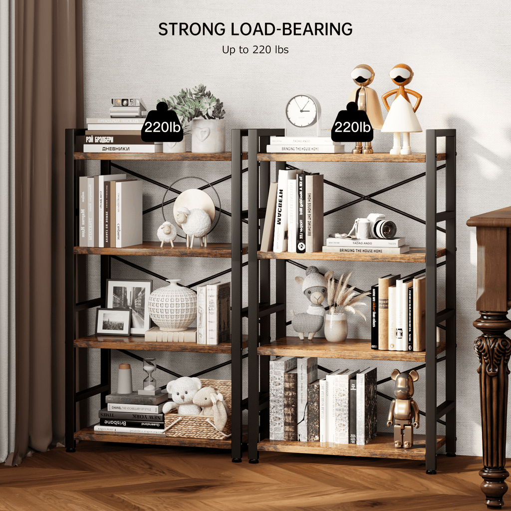 4 Tier Small Bookcase, Organizers and Storage, Metal Small Bookcase, Rustic Book Shelf Organization and Storage for Living Room, Bedroom, and Home Office(Rustic Brown)
