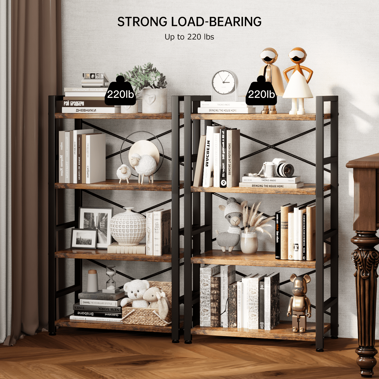 4 Tier Small Bookcase, Organizers and Storage, Metal Small Bookcase, Rustic Book Shelf Organization and Storage for Living Room, Bedroom, and Home Office(Rustic Brown)