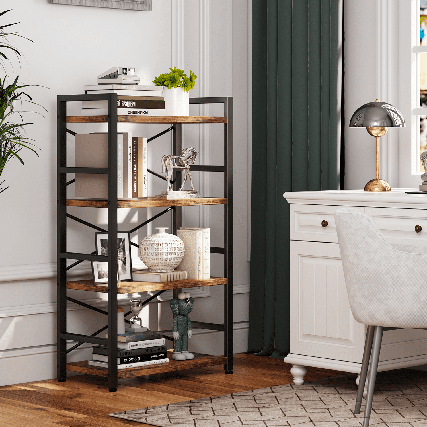 4 Tier Small Bookcase, Organizers and Storage, Metal Small Bookcase, Rustic Book Shelf Organization and Storage for Living Room, Bedroom, and Home Office(Rustic Brown)