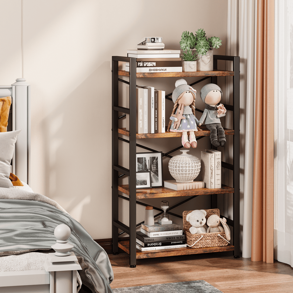 4 Tier Small Bookcase, Organizers and Storage, Metal Small Bookcase, Rustic Book Shelf Organization and Storage for Living Room, Bedroom, and Home Office(Rustic Brown)