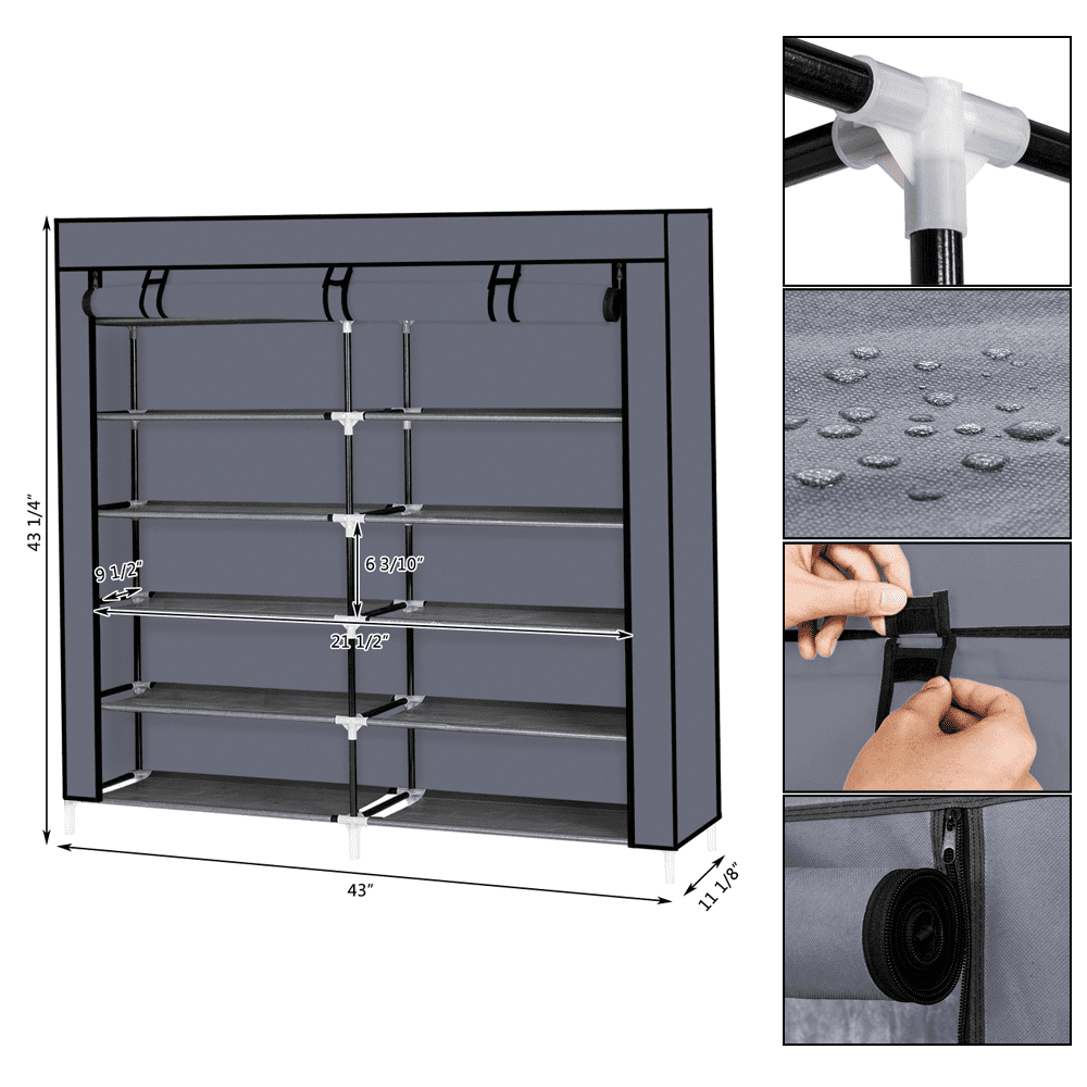 7-Tier Shoe Rack with Dust Cover - Holds 36 Pairs, 44" Wide Portable Shoe Organizer Cabinet for Closet, Gray Fabric Storage for Sneakers/Boots/Purses