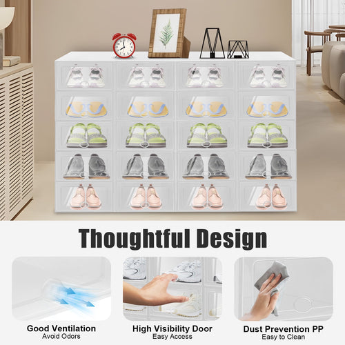 20-Pack Stackable Foldable Shoe Storage Boxes with Clear Front, Ventilated Plastic Shoe Organizer for Closet, Space-Saving Design – White