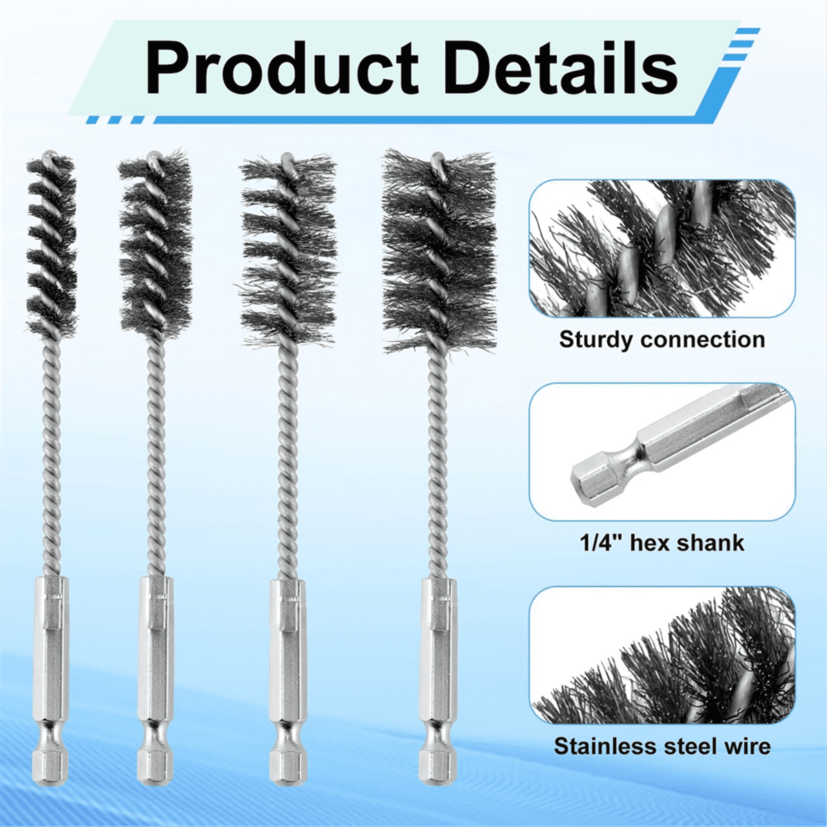 8pcs Bore Brush, Stainless Steel Wire Brush Drill Attachments with 1/4 Inch Hex Shank Twisted Wire Cleaning Tools