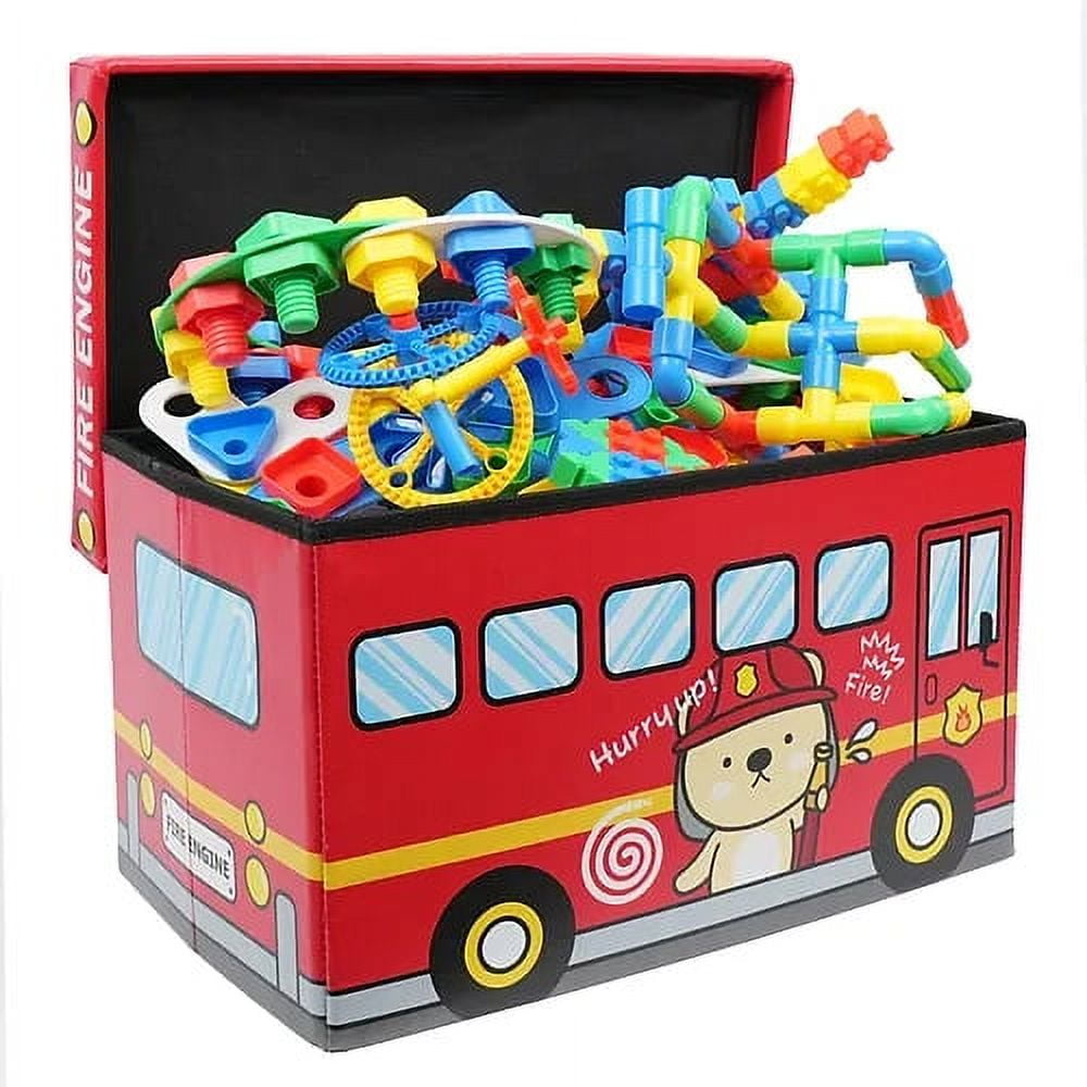 Toy Storage Chest Kids Toy Box, Children Storage Chest &amp; Bench with Flip Top Lid, Toy Chest Storage Organizer Large Trunk for Kids Room Playroom Nursery (Fire Engine )