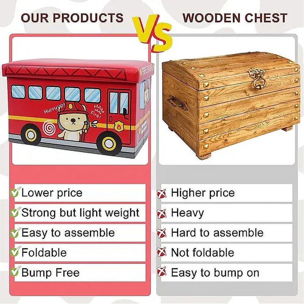 Toy Storage Chest Kids Toy Box, Children Storage Chest &amp; Bench with Flip Top Lid, Toy Chest Storage Organizer Large Trunk for Kids Room Playroom Nursery (Fire Engine )