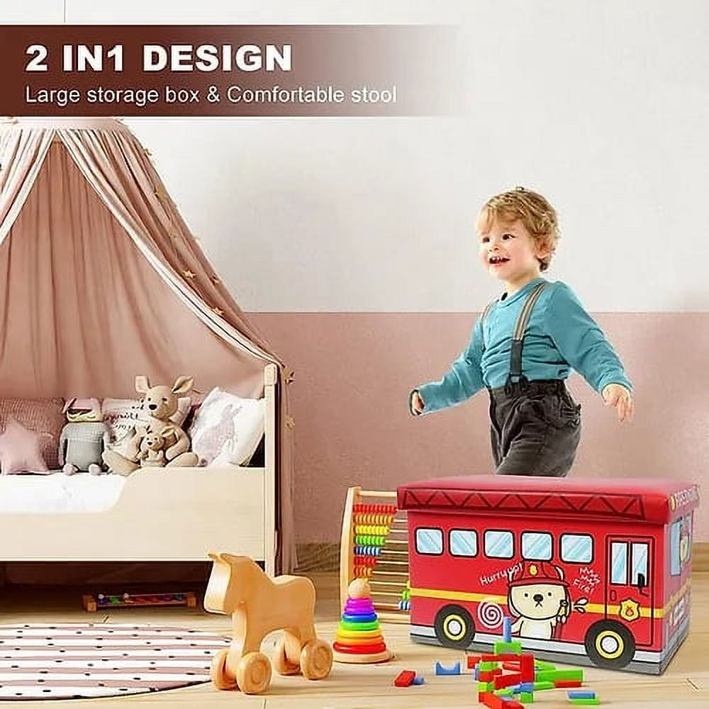 Toy Storage Chest Kids Toy Box, Children Storage Chest &amp; Bench with Flip Top Lid, Toy Chest Storage Organizer Large Trunk for Kids Room Playroom Nursery (Fire Engine )