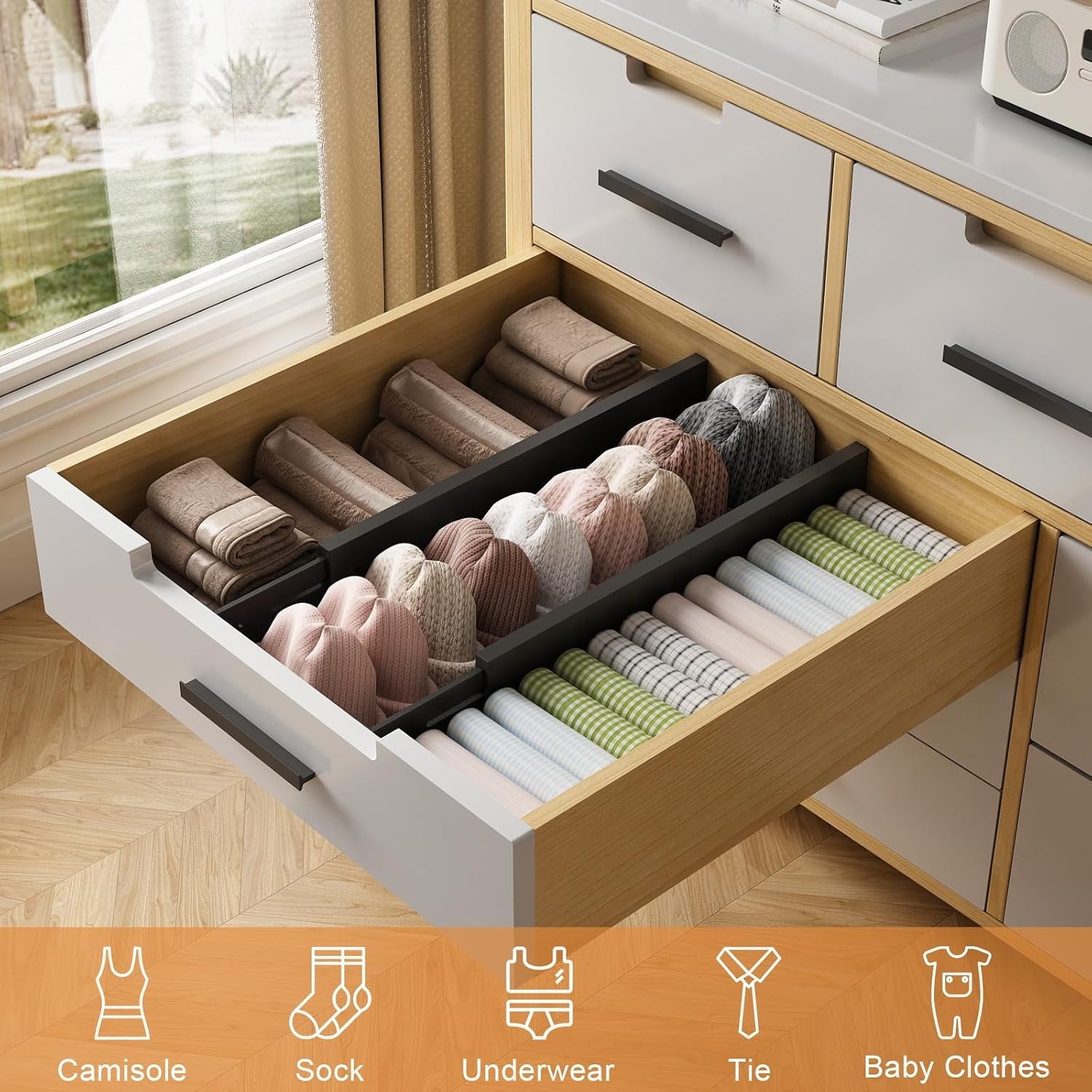 8 Pack Drawer Dividers 2.5" High, 17-22" Adjustable Dresser Drawer Organizers for Clothes, Expandable Dresser Separators in Bedroom/Bathroom/Kitch