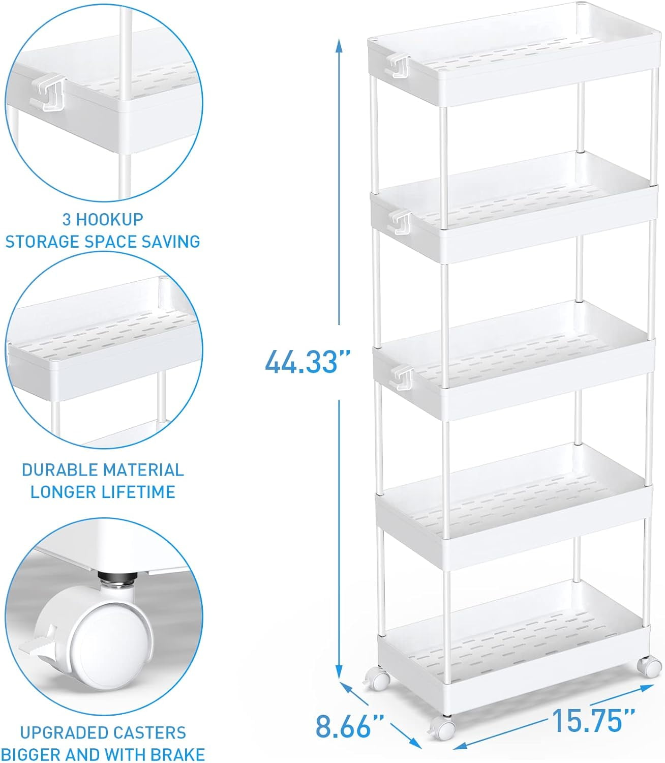4/5  Tier Slim Rolling Storage Cart Bathroom Organizer Mobile Shelving Unit Utility Cart Tower Rack for Kitchen Laundry Narrow Places, White